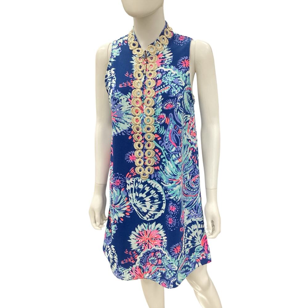 Lilly Pulitzer Dress Women’s SZ 4 Gold Tone Appliqué Sleeveless Sheath Colorful